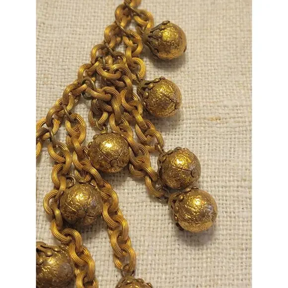 Unsigned Miriam Haskell Heavy Gold Chain Filigree Ball Dangle Tassel Jewelry